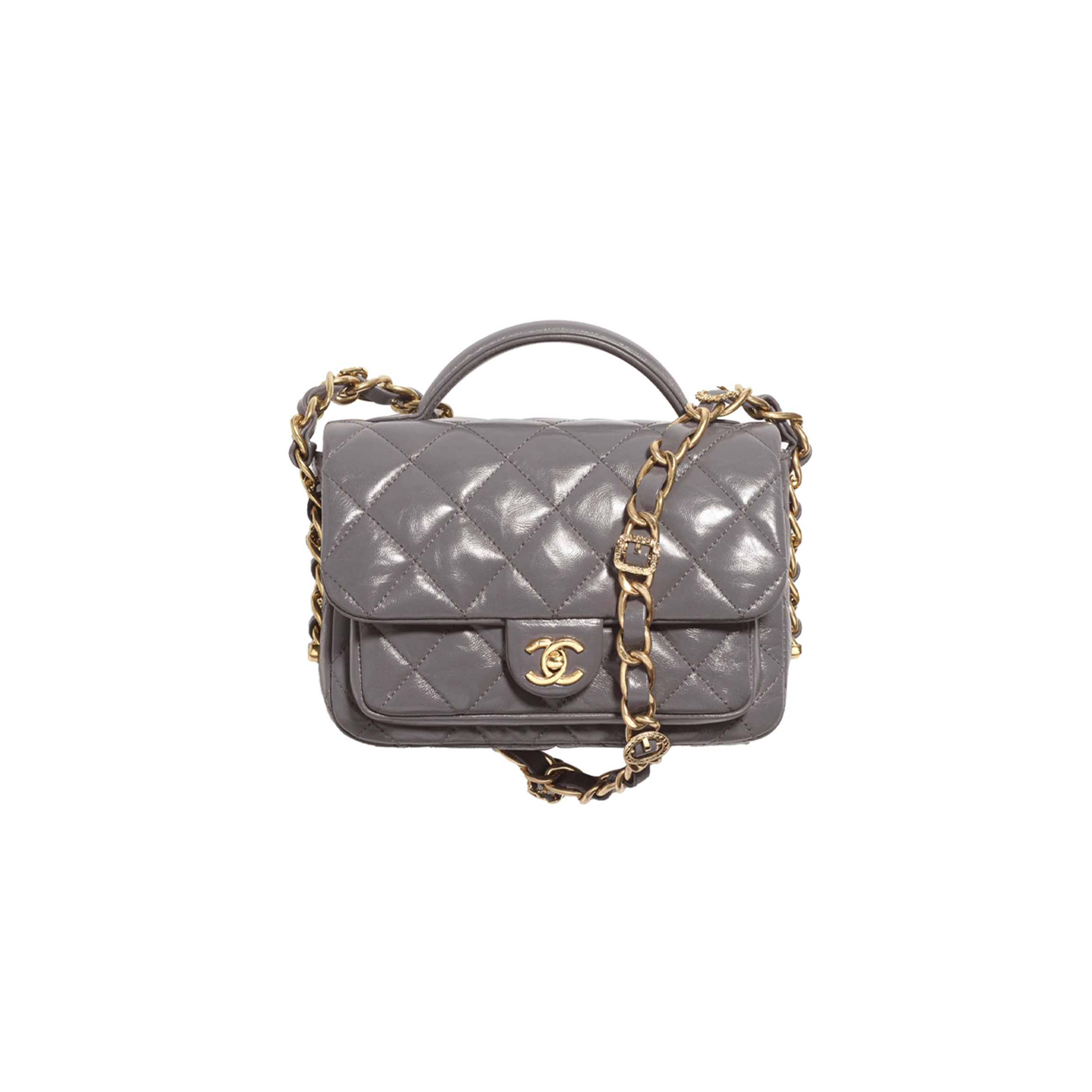 CHANEL MASTER FLAP BAG WITH TOP HANDLE, SHINY LAMBSKIN GOLD-TONE METAL, GREY AS4992 (20*20*7cm)